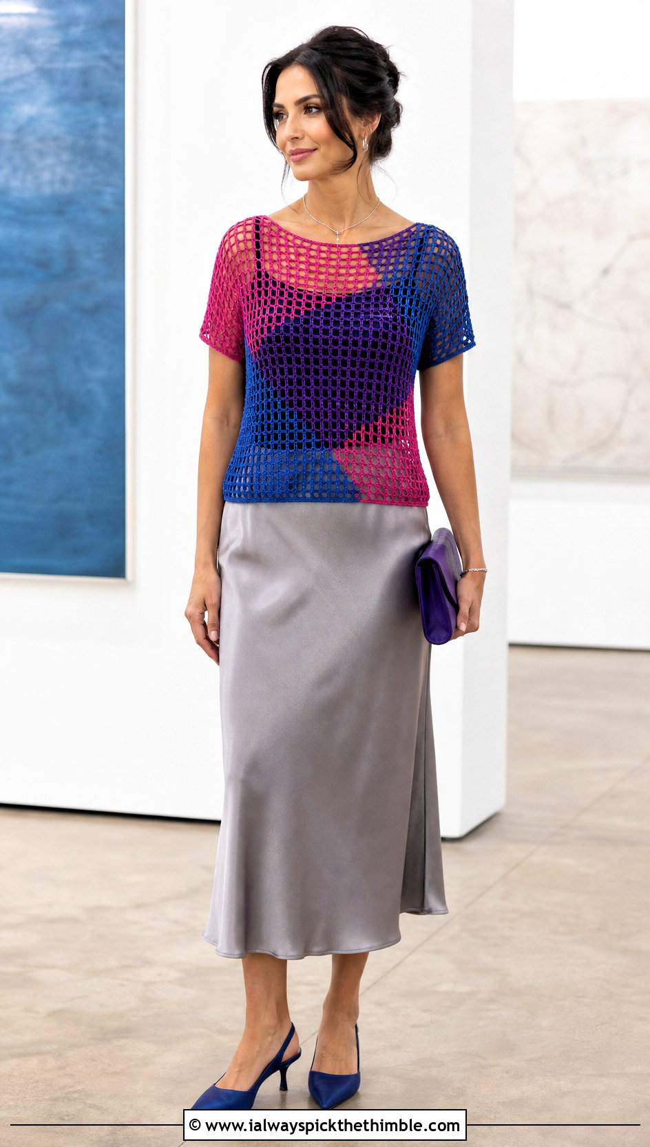 Bisexual Filet Crochet Tee With Satin Midi Skirt - 20 bisexual crochet top outfit ideas