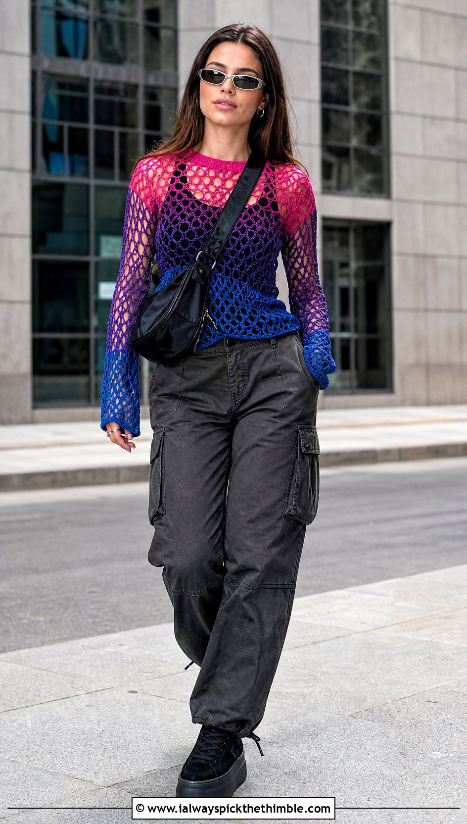 Bisexual Mesh Crochet Long Sleeve Top With Cargo Pants - 20 bisexual crochet top outfit ideas