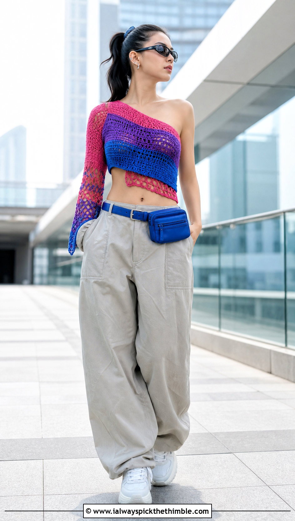 Bisexual One Shoulder Crochet Top With Parachute Pants - 20 bisexual crochet top outfit ideas