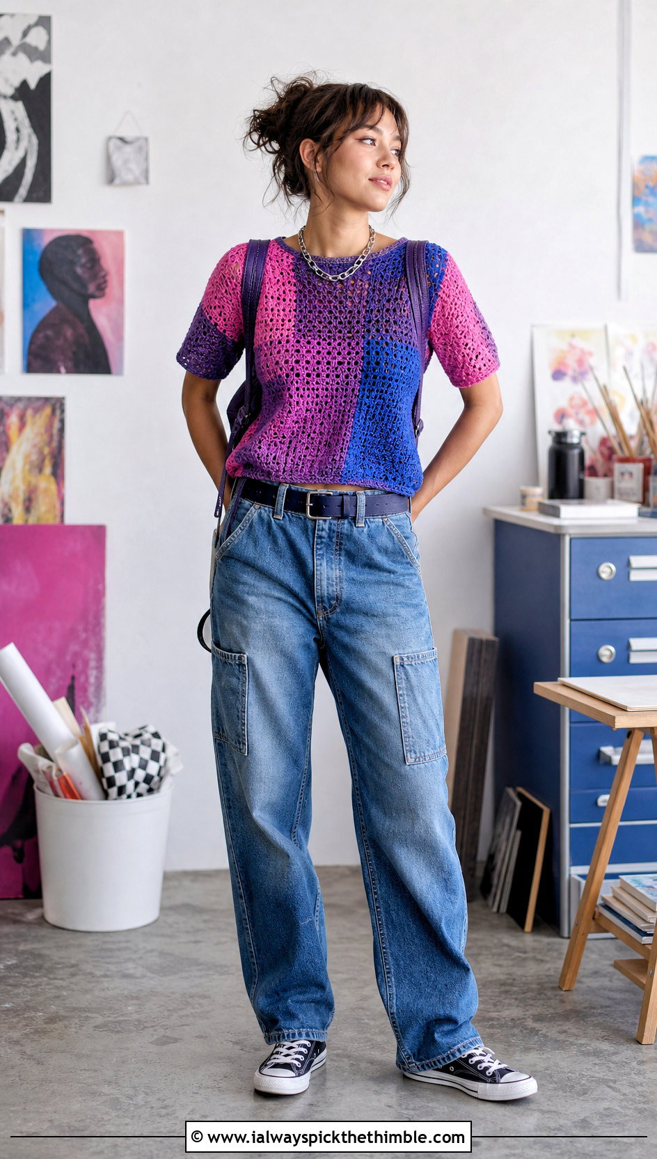 Bisexual Patchwork Crochet Tee With Carpenter Jeans - 20 bisexual crochet top outfit ideas