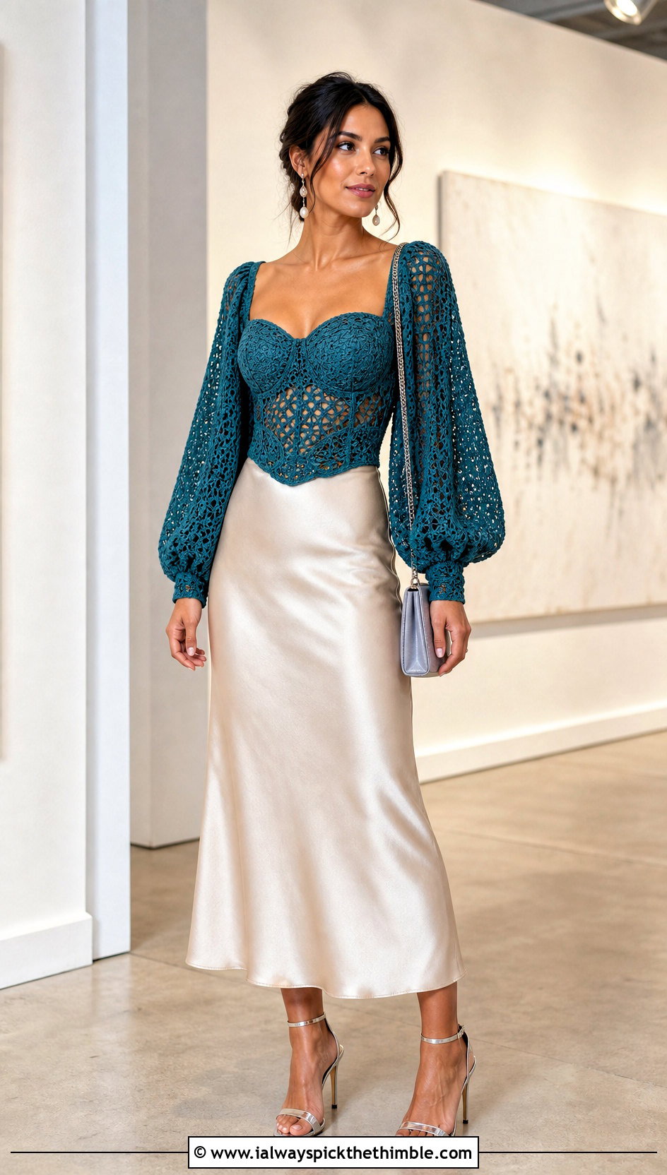 Bishop Sleeve Crochet Corset Top With Satin Midi Skirt - 20 crochet corset top with sleeves outfit ideas