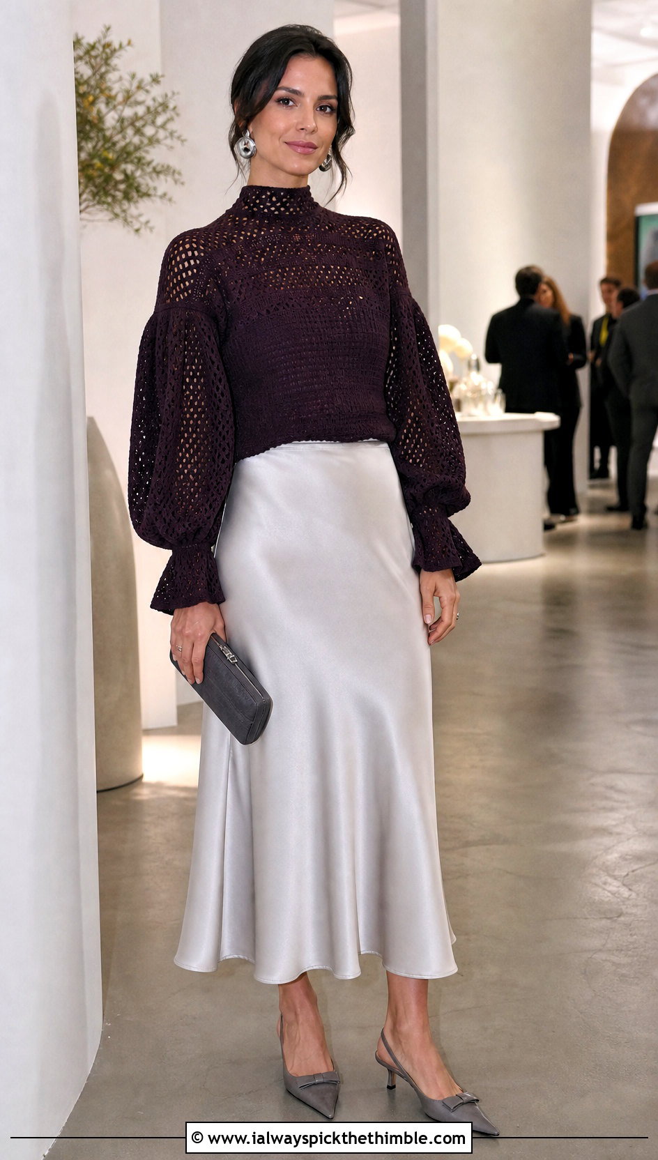 Bishop Sleeve Crochet Top With Satin Midi Skirt - 25 crochet top with sleeves outfit ideas