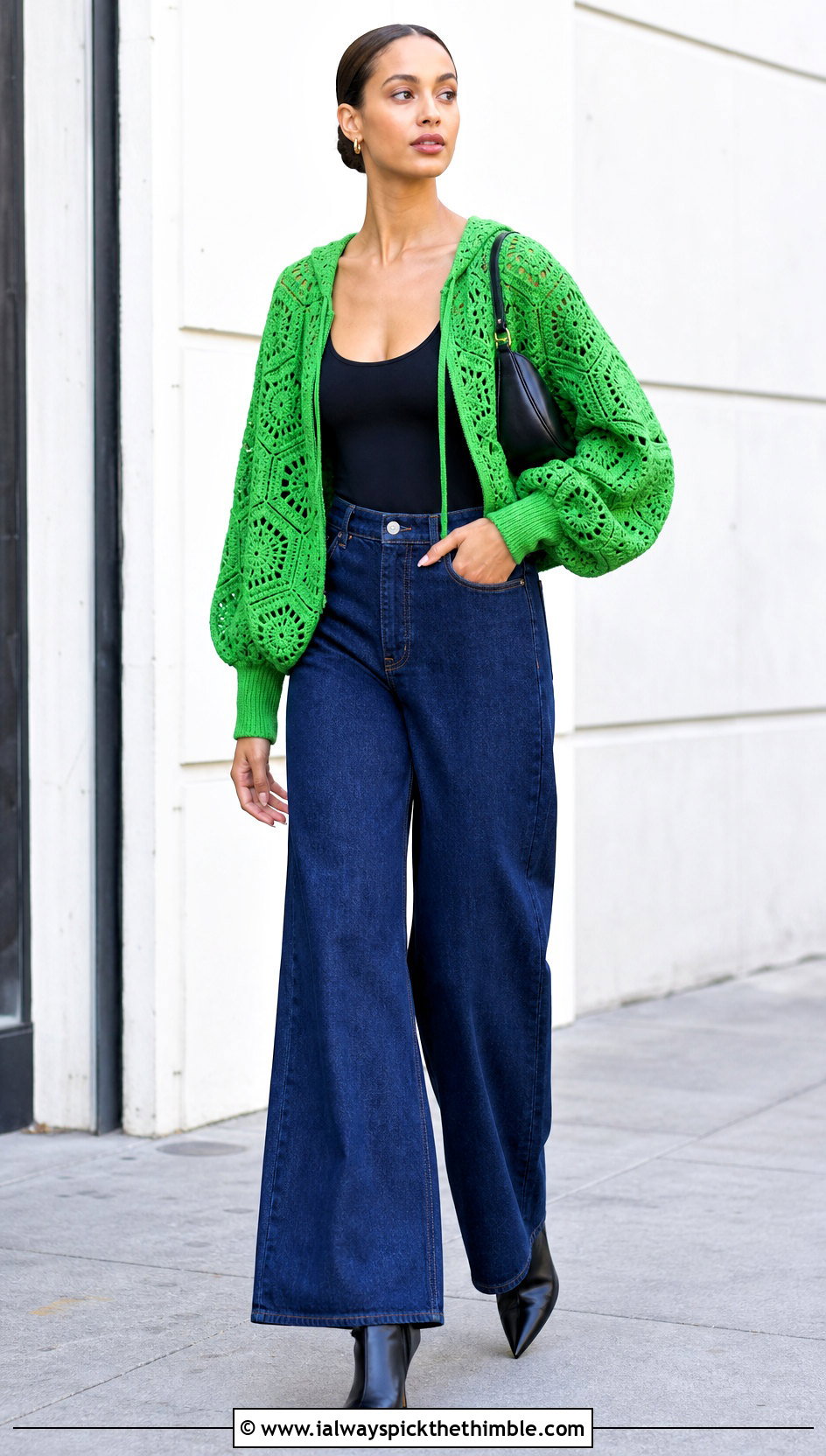 Bishop Sleeve Hexi Crochet Hoodie With Wide Leg Jeans - 20 hexi crochet hoodie outfit ideas