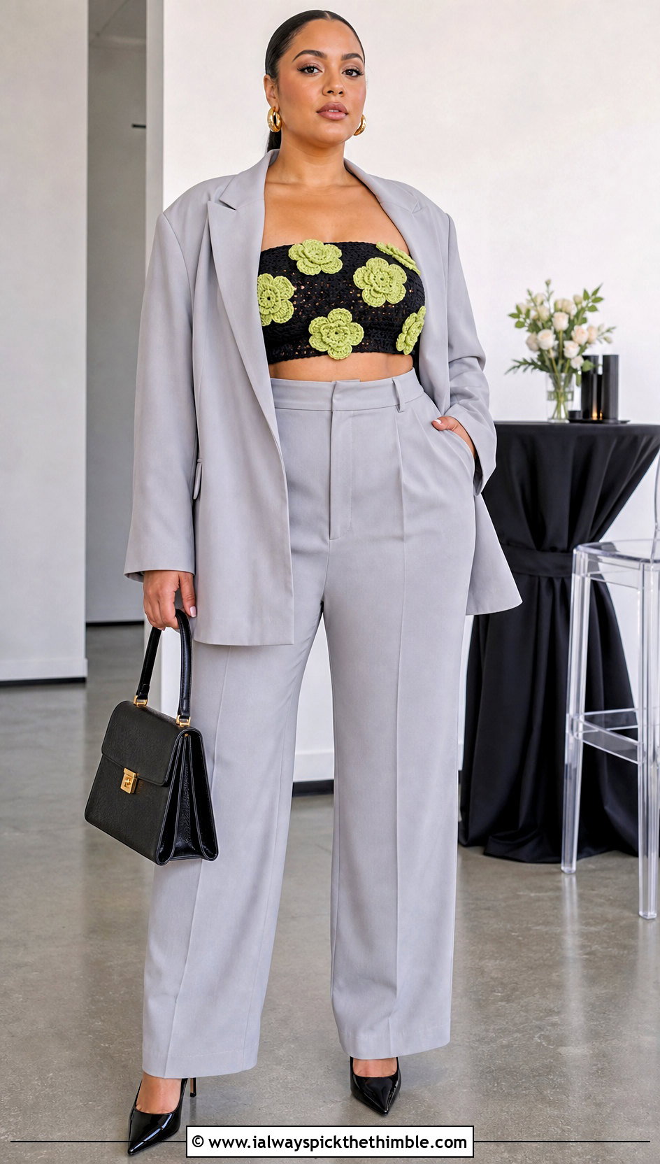 Black 3D Flower Crochet Bandeau With Oversized Suit - 15 black crochet top with flowers outfit ideas