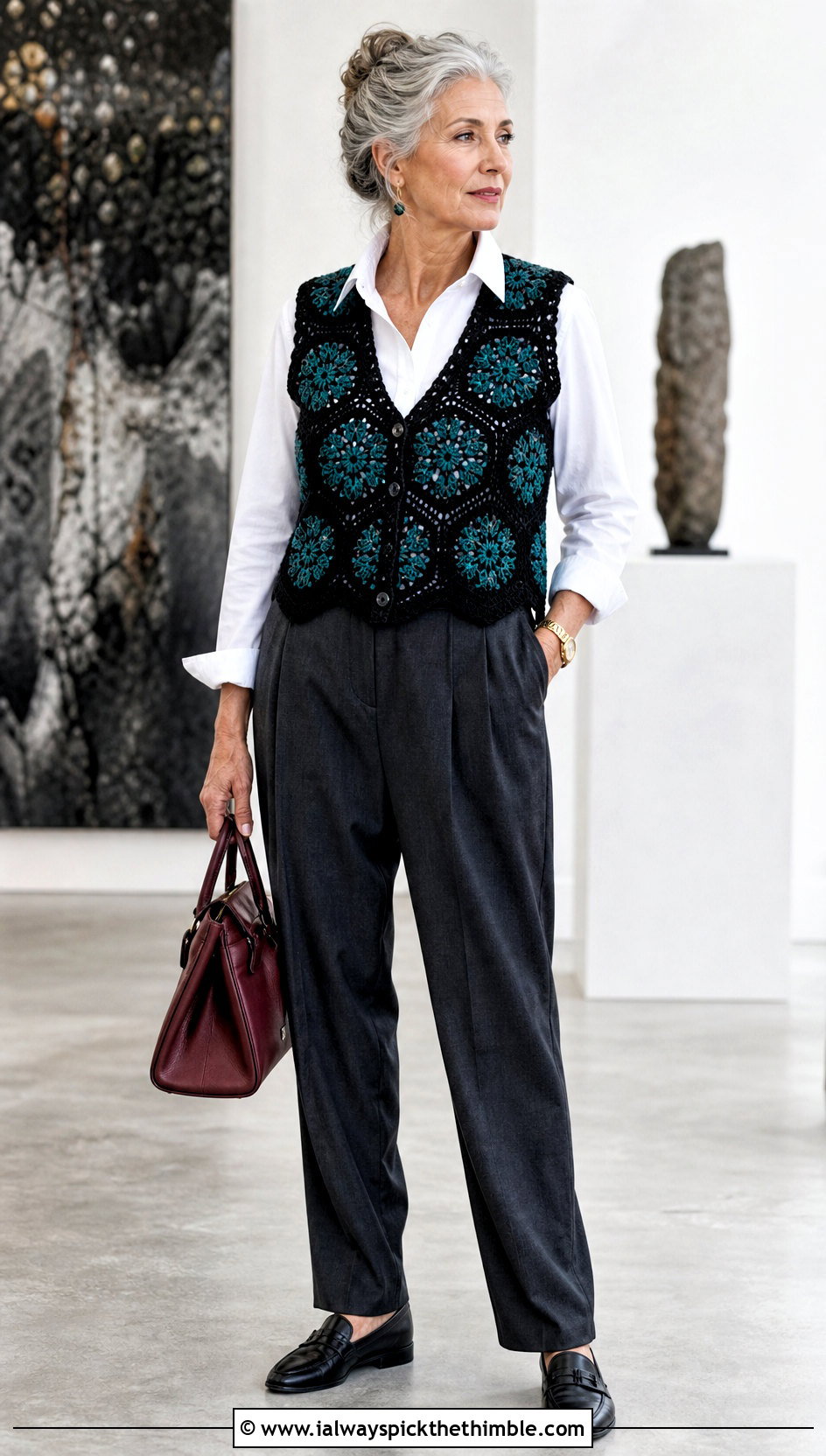 Black African Flower Crochet Vest With White Shirt - 15 black crochet top with flowers outfit ideas