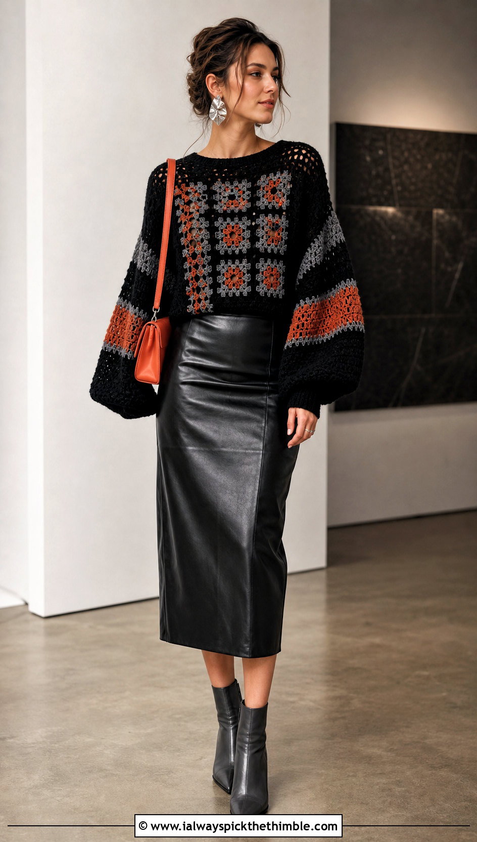 Black And Gray Balloon Sleeve Crochet Sweater With Leather Midi Skirt - 15 black and gray crochet sweater outfit ideas