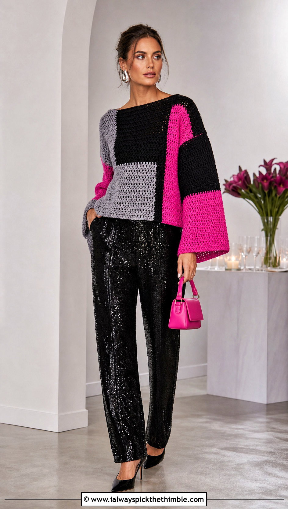 Black And Gray Color Block Crochet Sweater With Sequin Trousers - 15 black and gray crochet sweater outfit ideas
