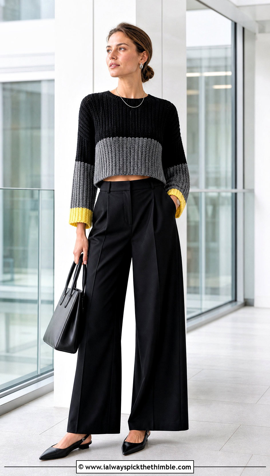 Black And Gray Cropped Ribbed Crochet Sweater With Wide Leg Trousers - 15 black and gray crochet sweater outfit ideas
