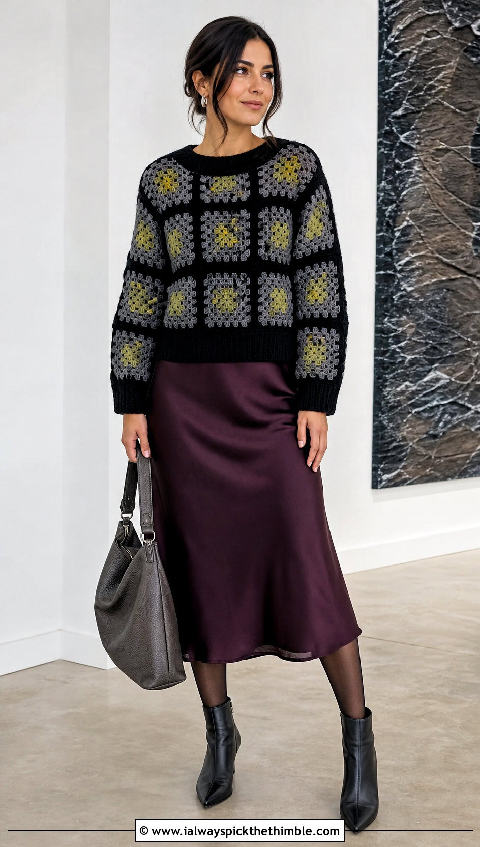 Black And Gray Granny Square Crochet Sweater With Satin Skirt - 15 black and gray crochet sweater outfit ideas