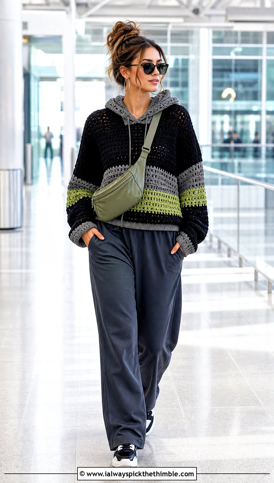 Black And Gray Hooded Crochet Sweater With Track Pants - 15 black and gray crochet sweater outfit ideas