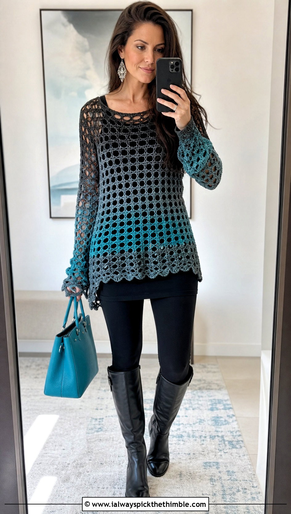 Black And Gray Openwork Tunic Crochet Sweater With Leggings - 15 black and gray crochet sweater outfit ideas