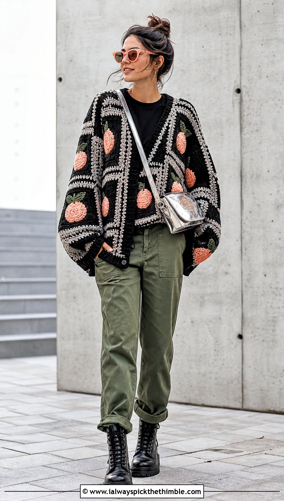 Black And Gray Patchwork Crochet Sweater With Utility Pants - 15 black and gray crochet sweater outfit ideas