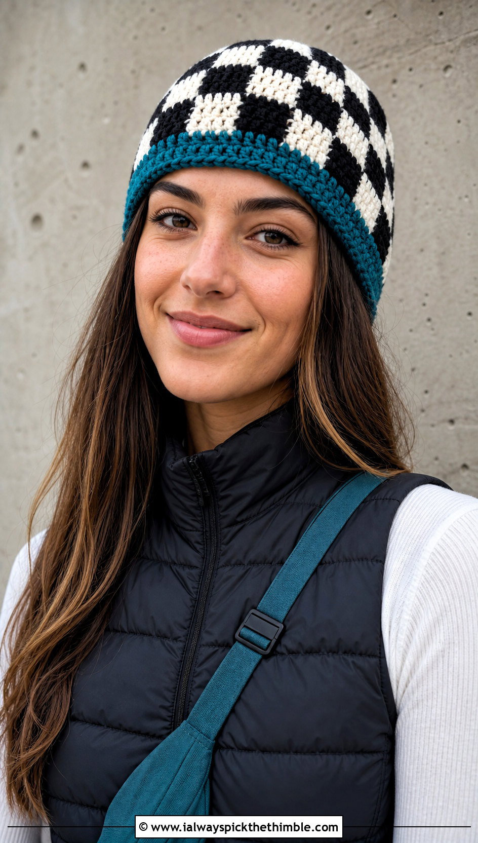 Black And White Checkerboard Beanie With Puffer Vest - 25 black and white crochet hat outfit ideas