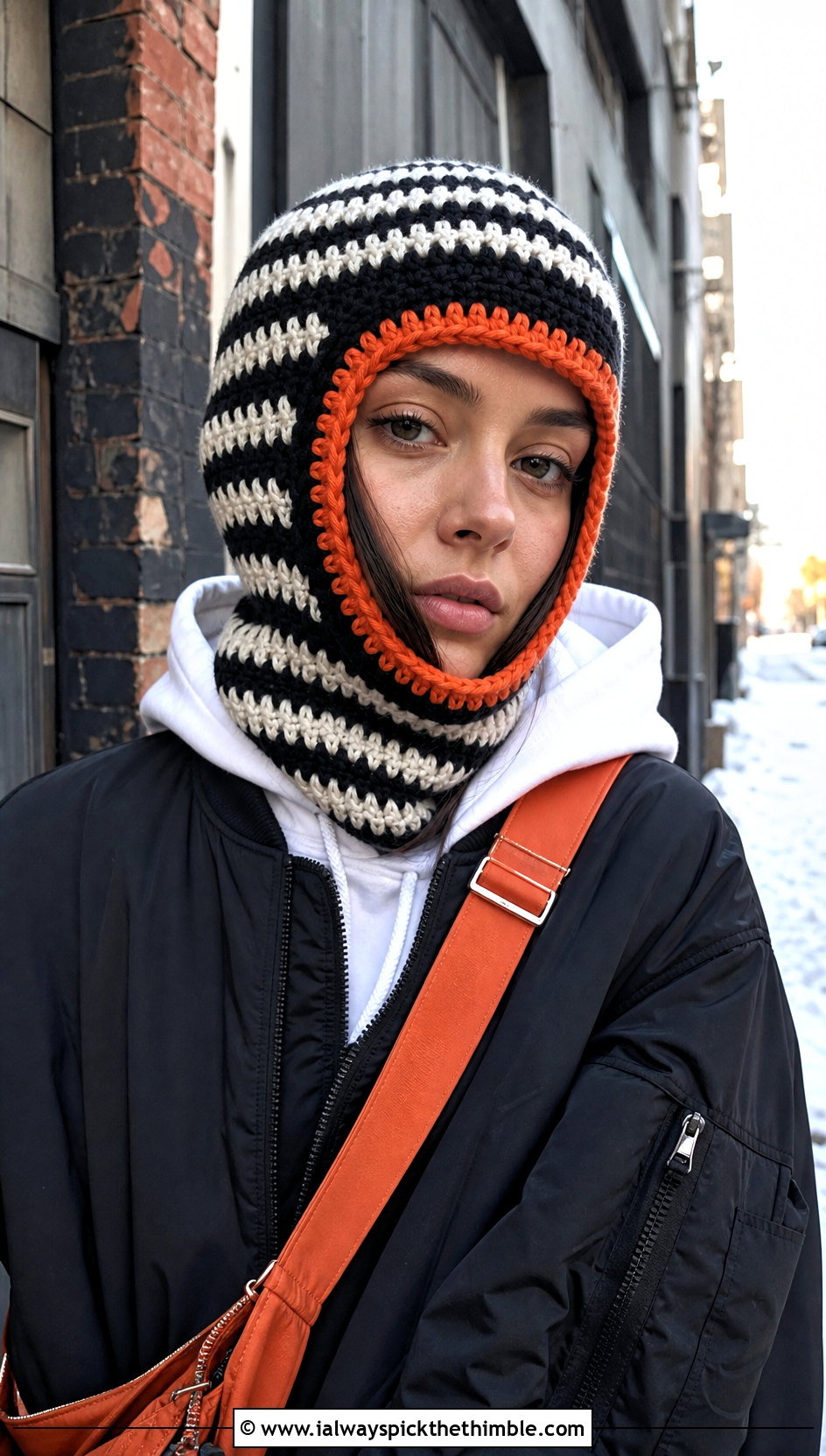 Black And White Crochet Balaclava With Bomber Jacket - 25 black and white crochet hat outfit ideas