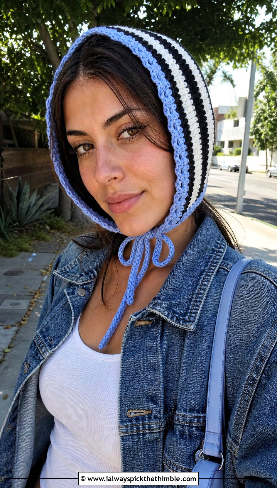 Black And White Crochet Bonnet With Denim Jacket - 25 black and white crochet hat outfit ideas