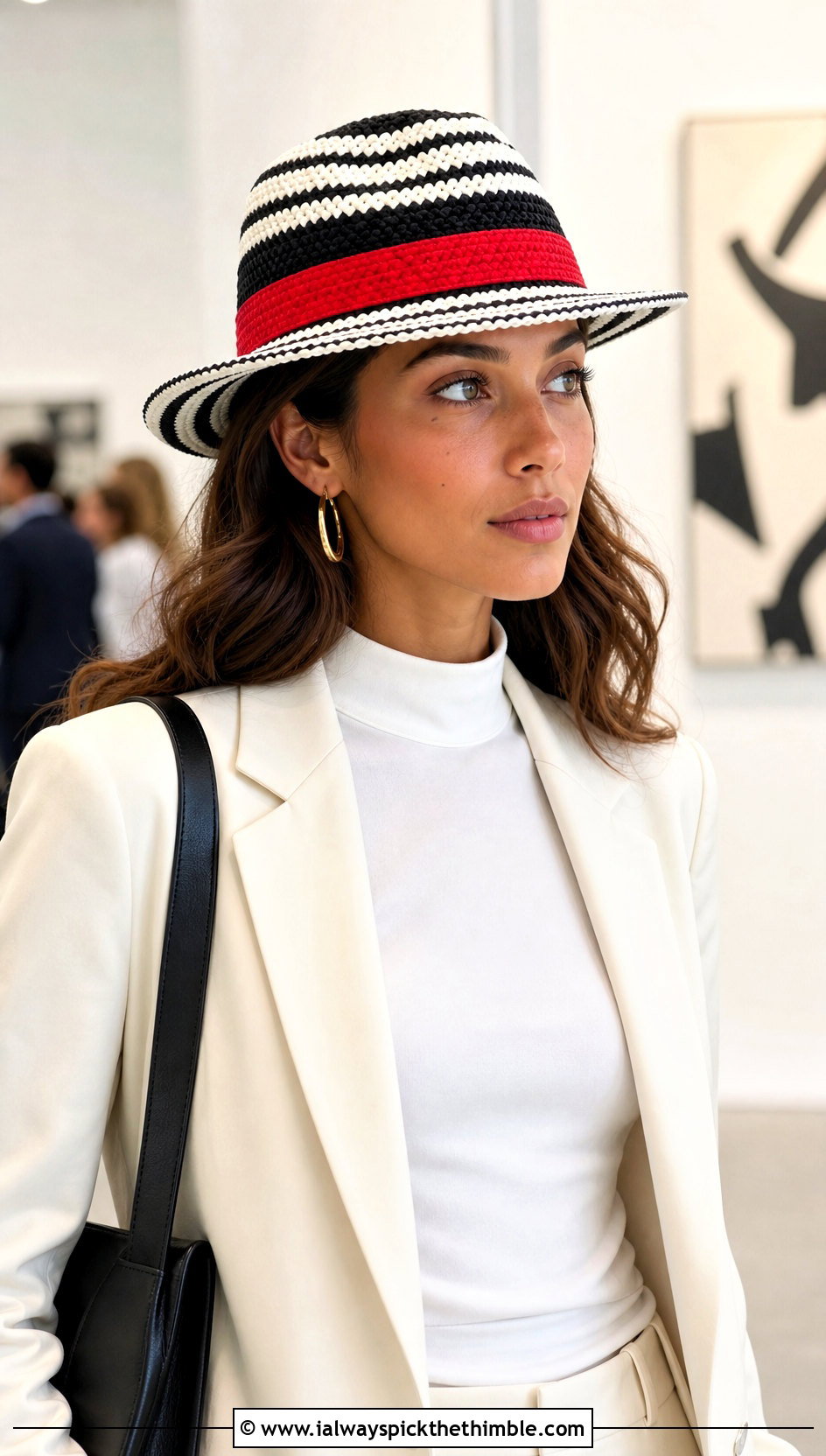 Black And White Crochet Fedora With Blazer And Trousers - 25 black and white crochet hat outfit ideas