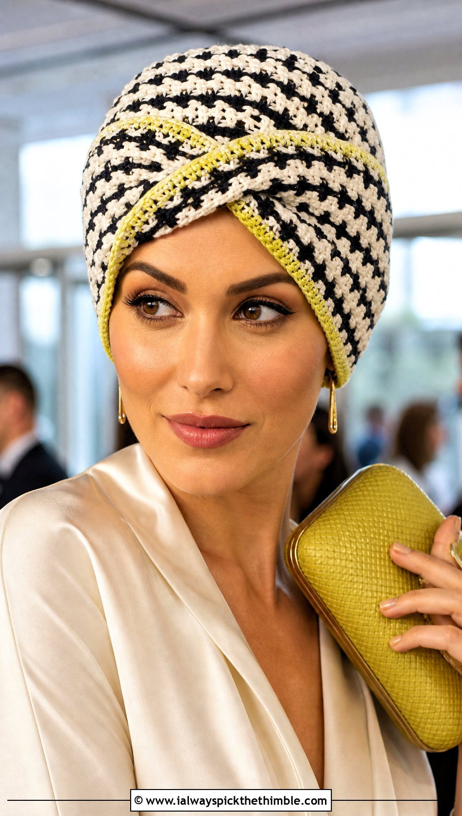 Black And White Crochet Turban Hat With Satin Blouse - 25 black and white crochet hat outfit ideas