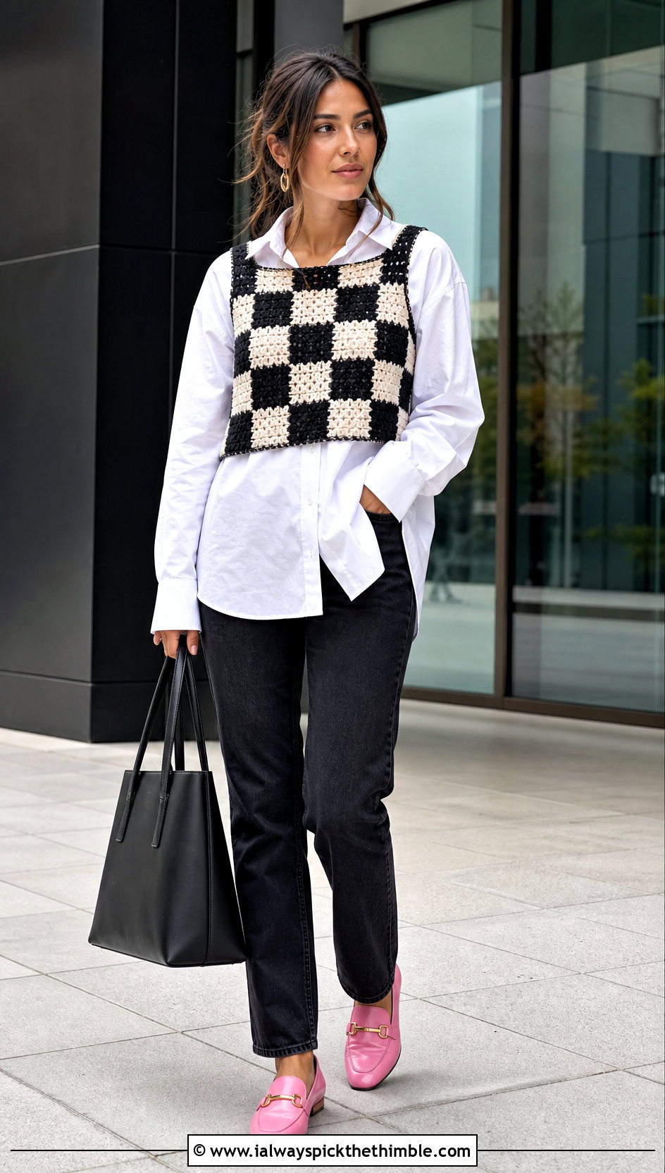 Black And White Crochet Vest Top With A Poplin Shirt - 25 black and white crochet top outfit ideas