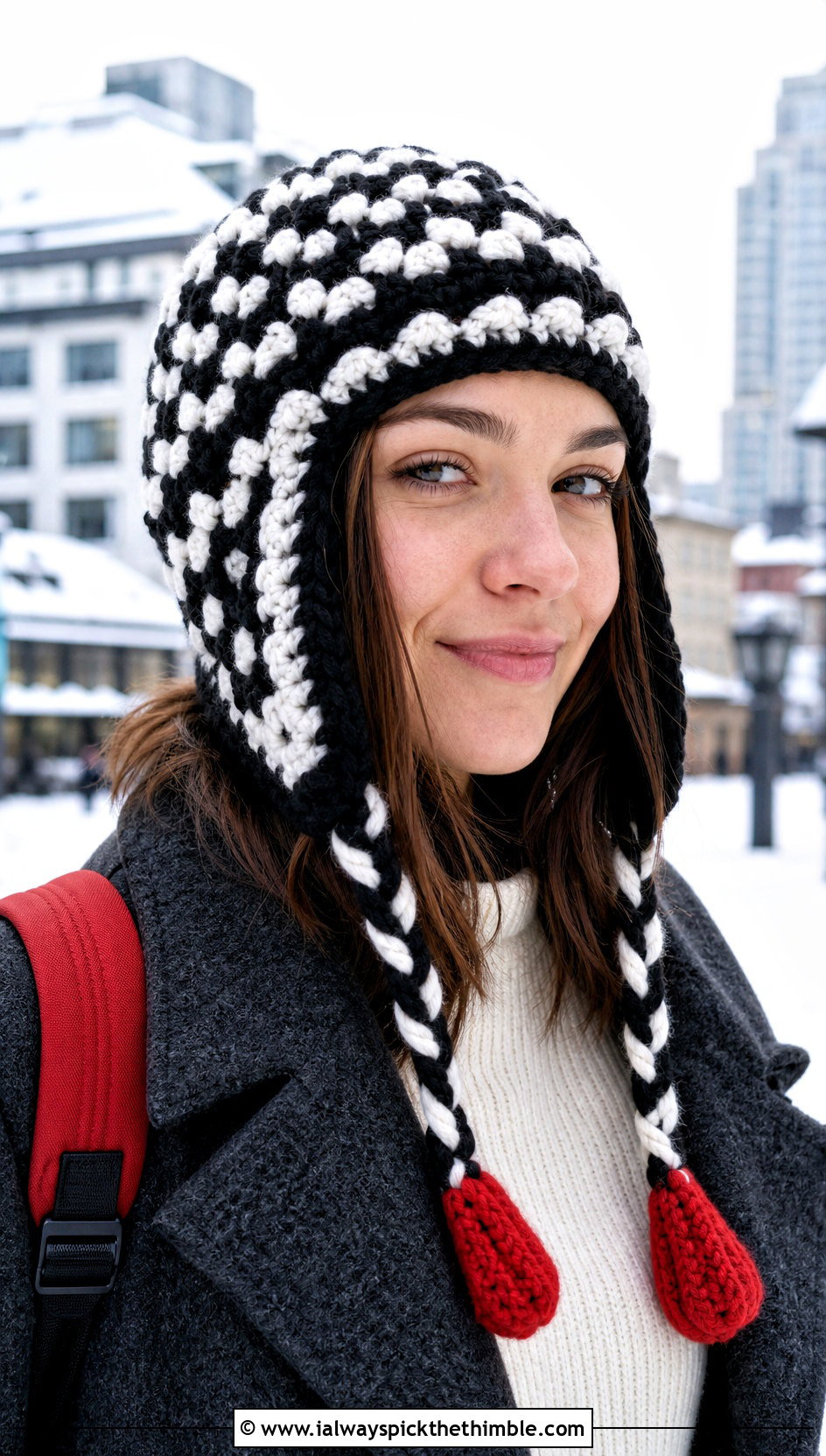 Black And White Earflap Crochet Hat With Wool Coat - 25 black and white crochet hat outfit ideas