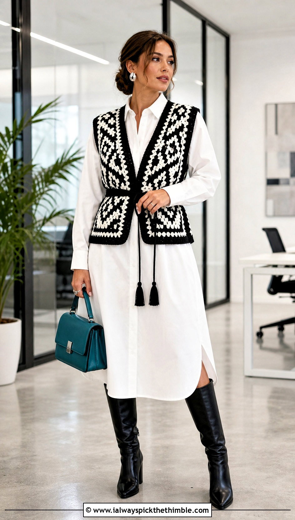Black And White Geometric Crochet Vest With A White Shirt Dress - 20 black and white crochet vest outfit ideas