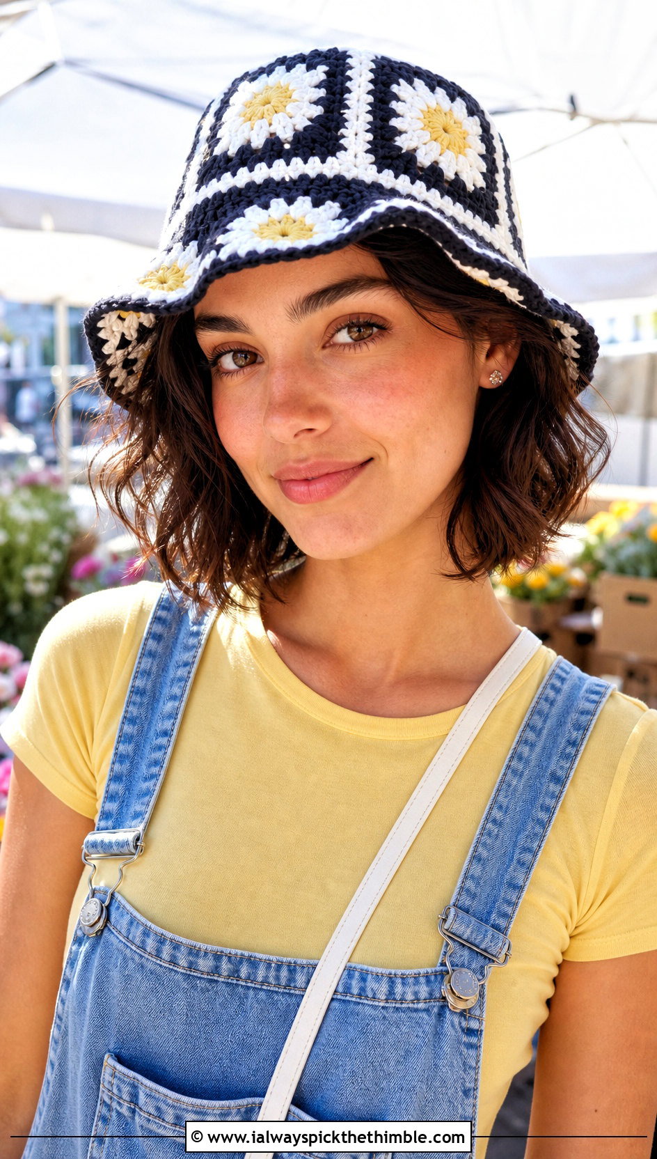 Black And White Granny Square Bucket Hat With Denim Overalls - 25 black and white crochet hat outfit ideas