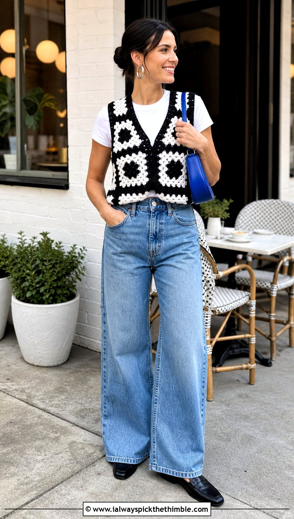 Black And White Granny Square Crochet Vest With Wide Leg Jeans - 20 black and white crochet vest outfit ideas
