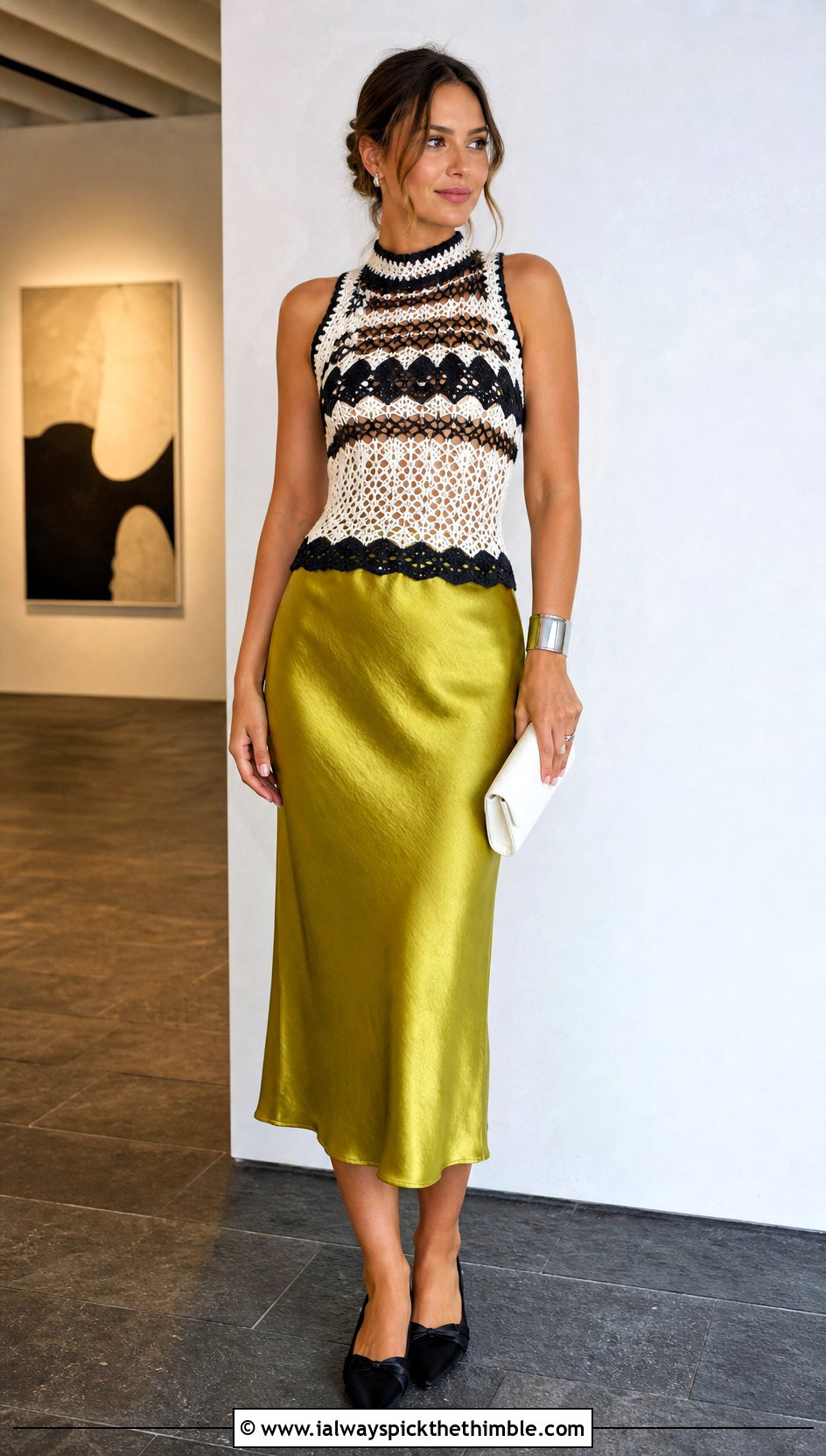 Black And White High Neck Crochet Tank With A Satin Midi Skirt - 25 black and white crochet top outfit ideas