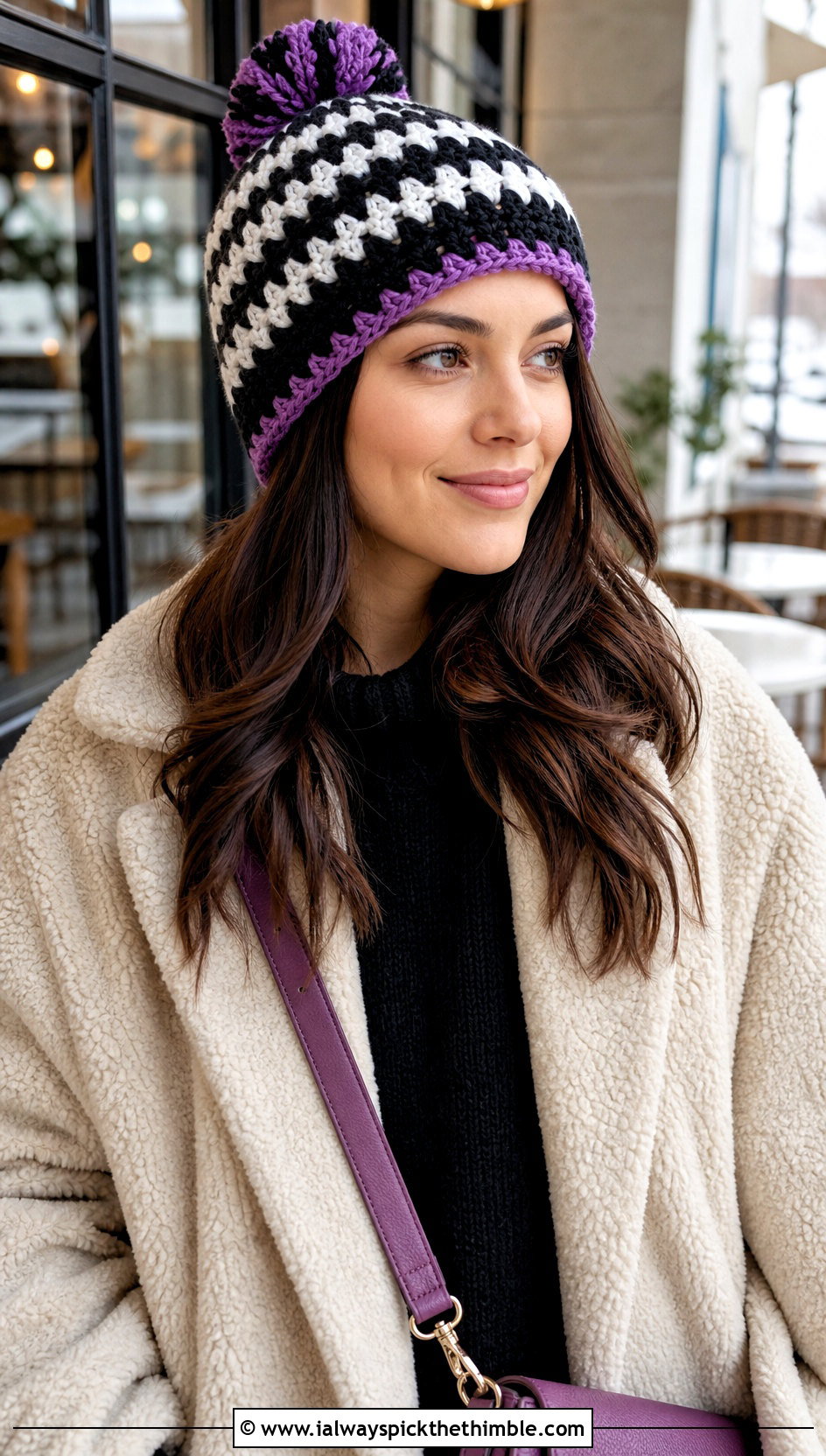 Black And White Pom Pom Beanie With Teddy Coat - 25 black and white crochet hat outfit ideas