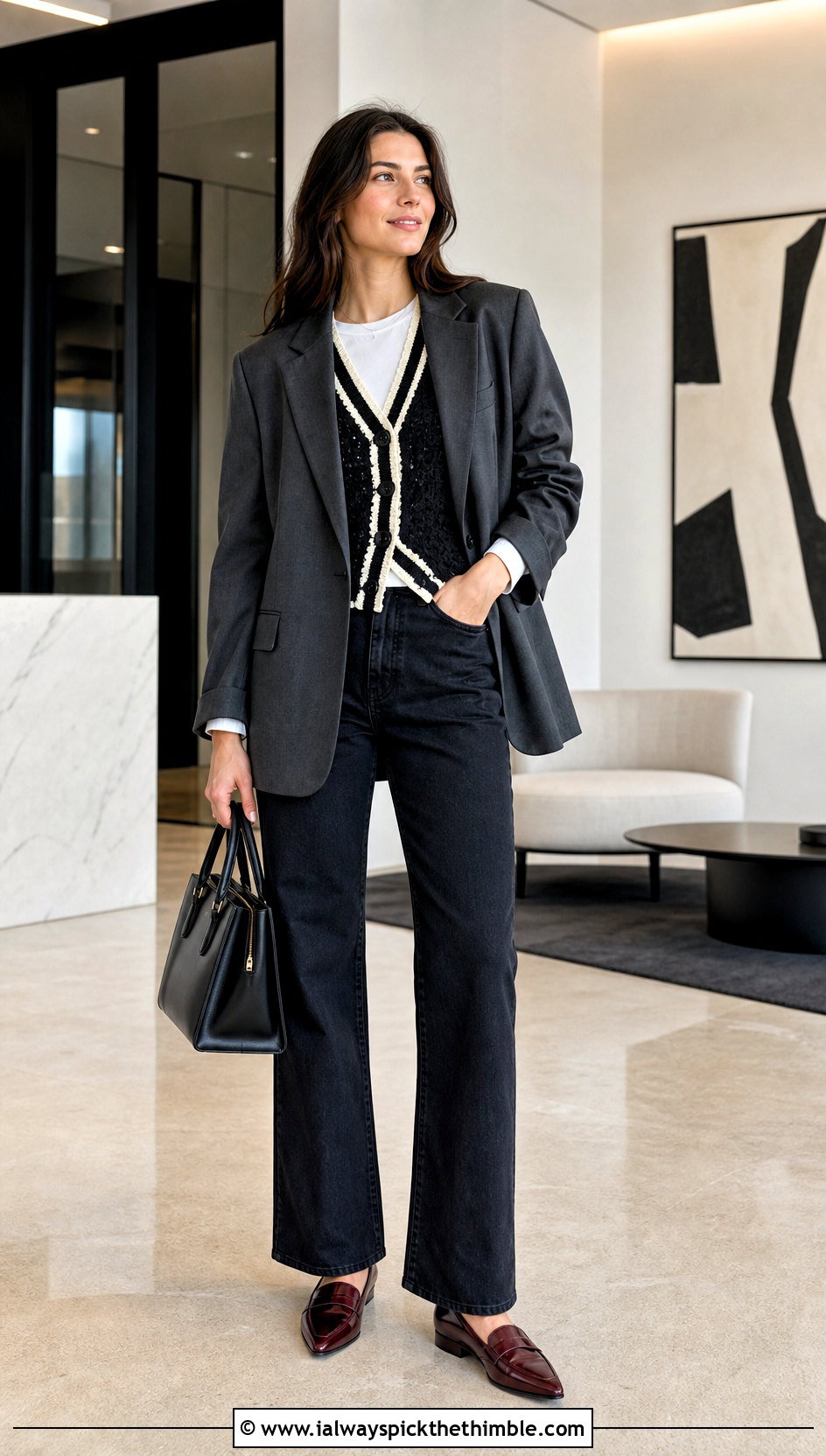 Black And White Rib Trim Crochet Vest With A Blazer And Jeans - 20 black and white crochet vest outfit ideas