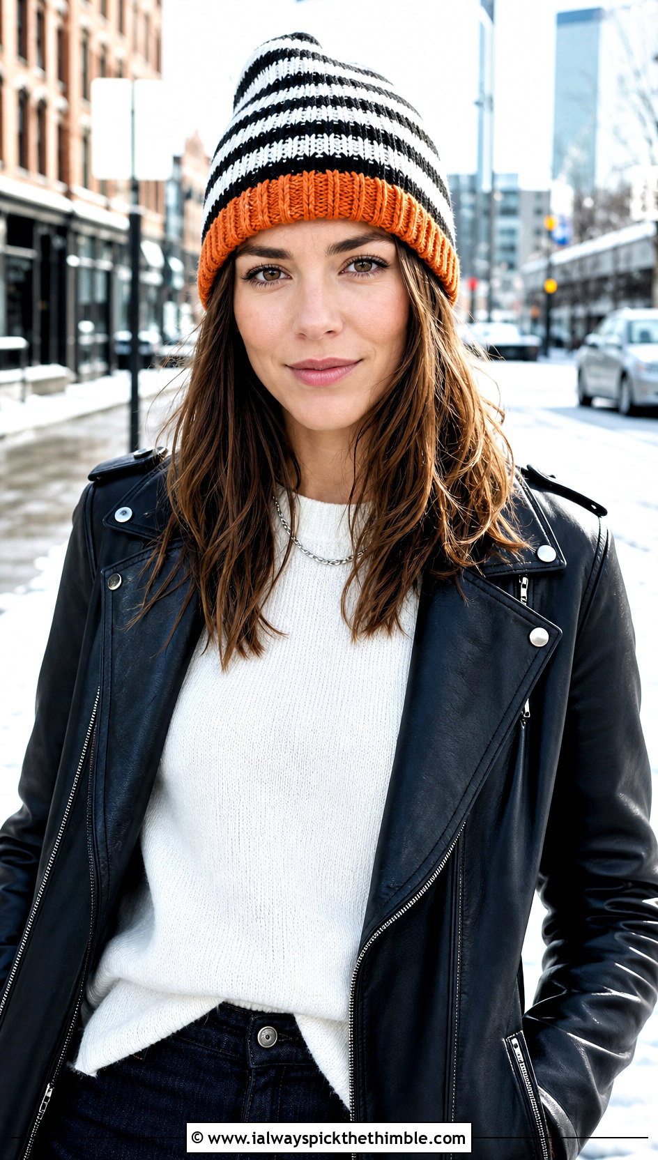 Black And White Striped Beanie With Leather Jacket - 25 black and white crochet hat outfit ideas