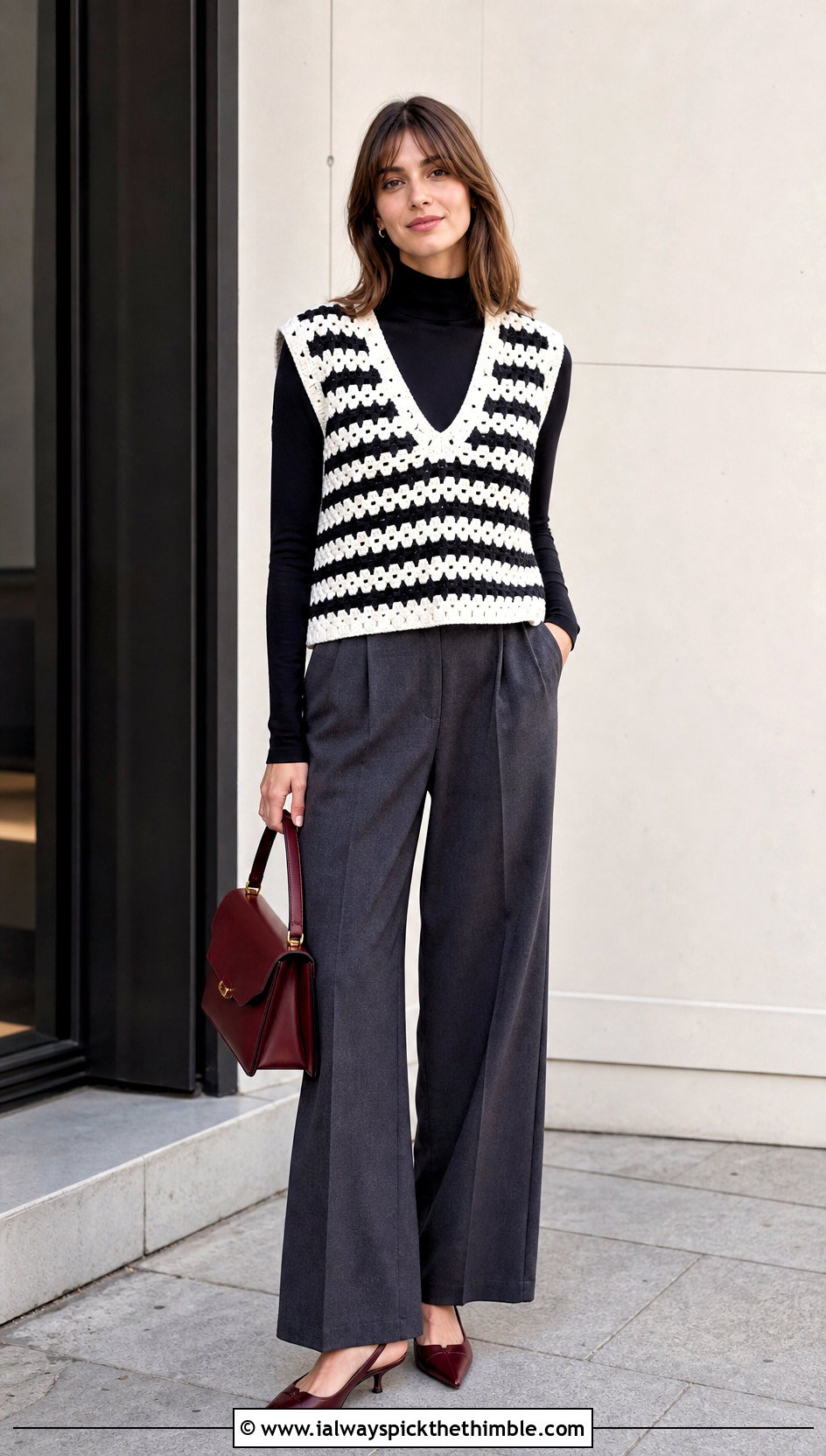 Black And White Striped V Neck Crochet Vest With Tailored Trousers - 20 black and white crochet vest outfit ideas