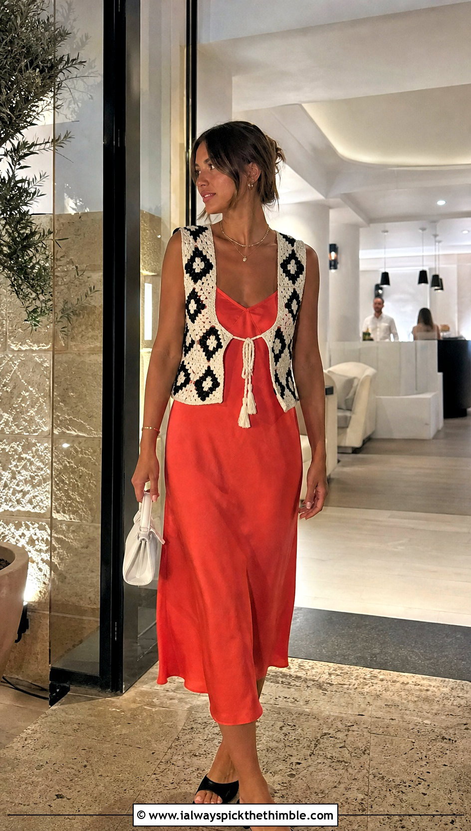Black And White Tie Front Crochet Vest With A Slip Dress - 20 black and white crochet vest outfit ideas