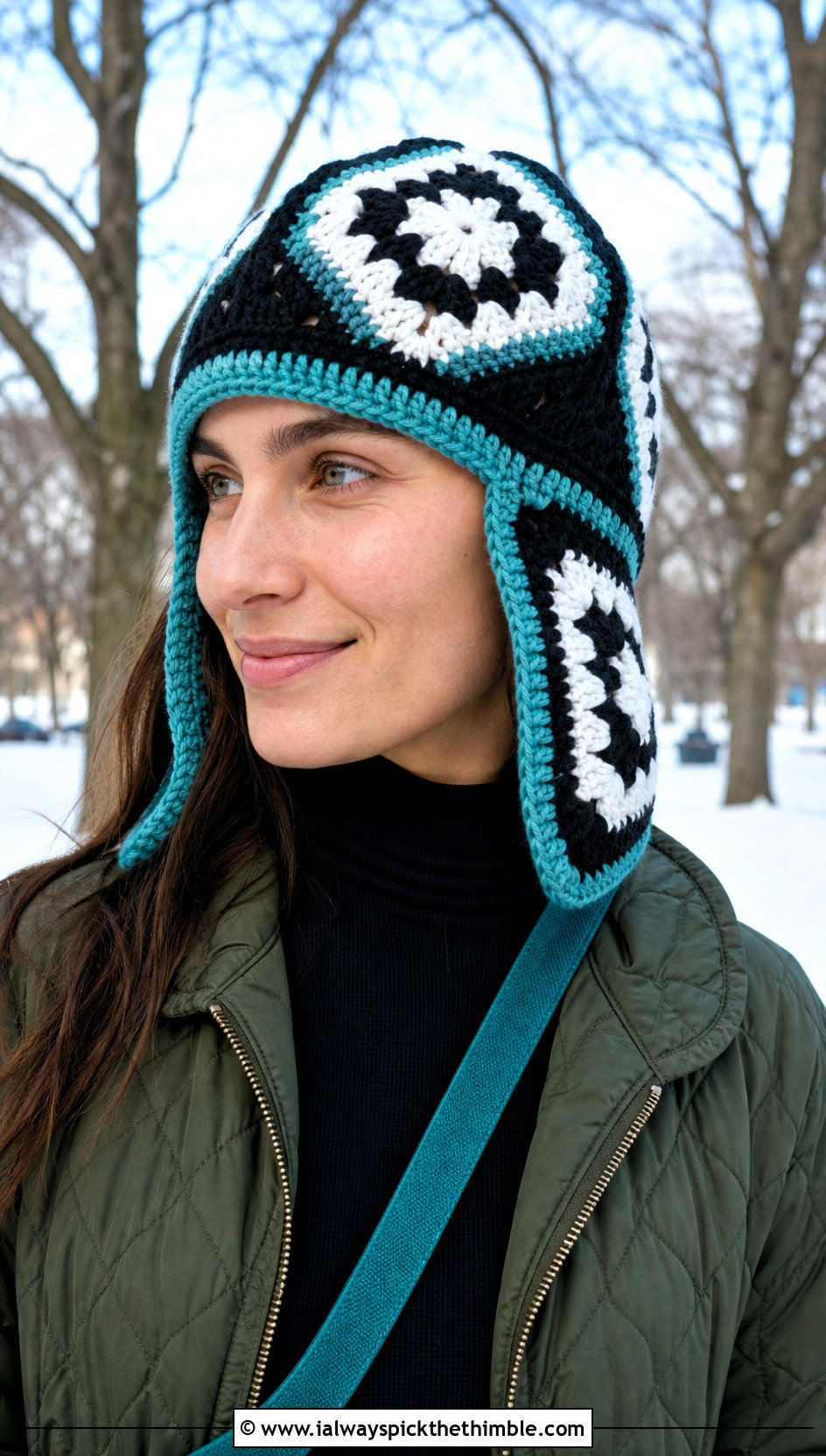 Black And White Trapper Crochet Hat With Quilted Jacket - 25 black and white crochet hat outfit ideas