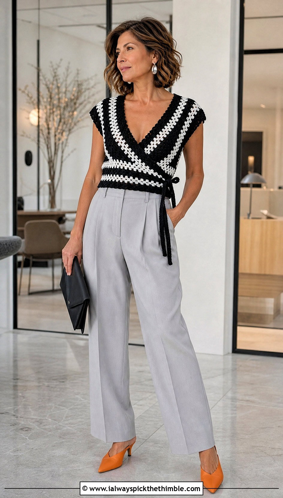Black And White Wrap Crochet Top With Pleated Trousers - 25 black and white crochet top outfit ideas