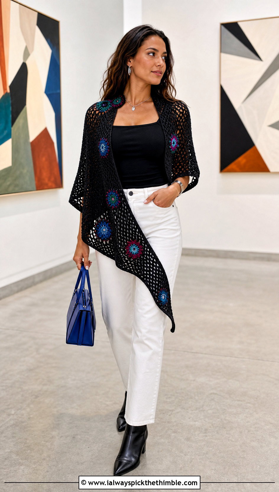 Black Asymmetrical Crochet Shrug With White Jeans - 25 black crochet shrug outfit ideas
