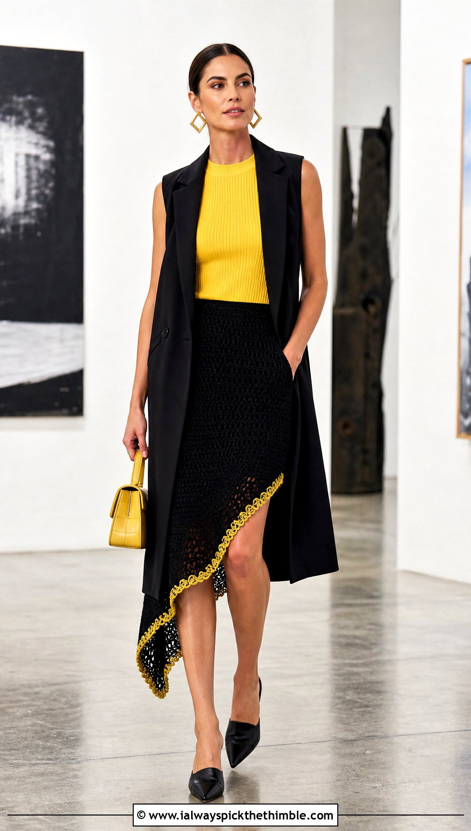 Black Asymmetrical Crochet Skirt With Tailored Vest - 15 Black Crochet Skirt Design outfit ideas