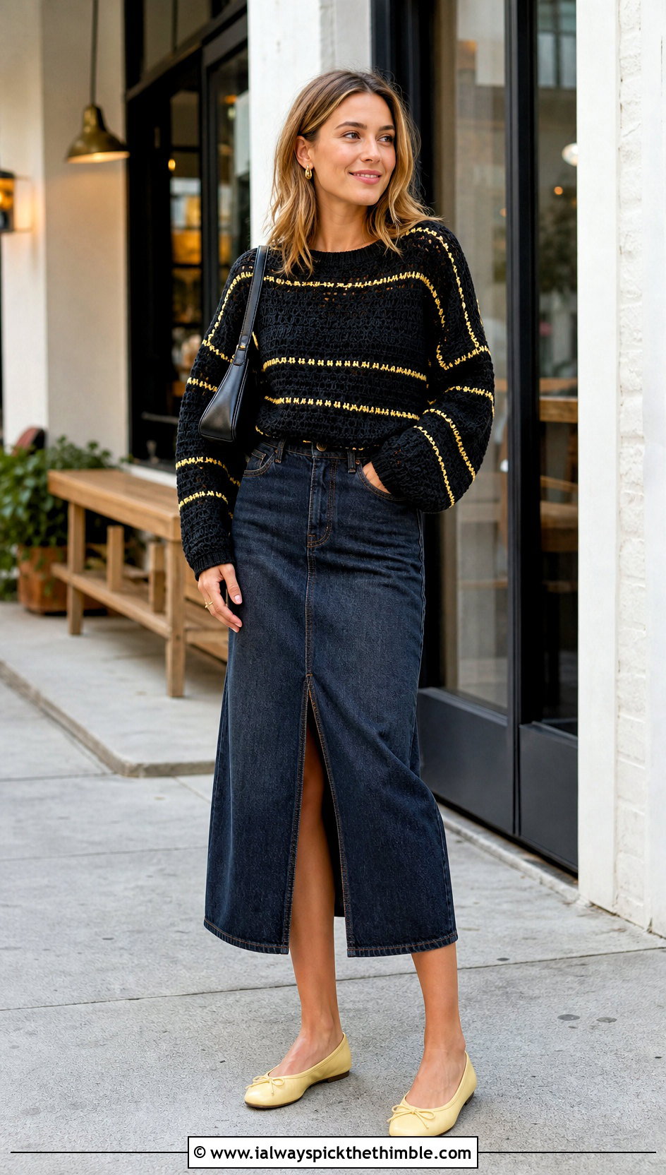 Black Balloon Sleeve Crochet Sweater With Denim Midi Skirt - 25 black crochet sweater outfit ideas