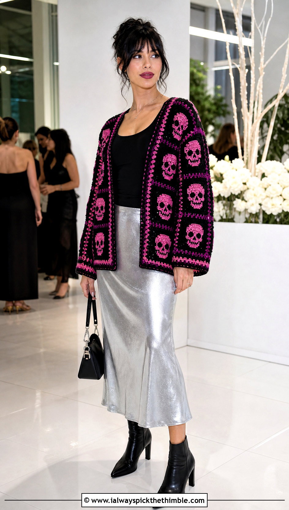 Black Based Skull Granny Square Cardigan With Metallic Midi Skirt - 20 skull granny square cardigan outfit ideas