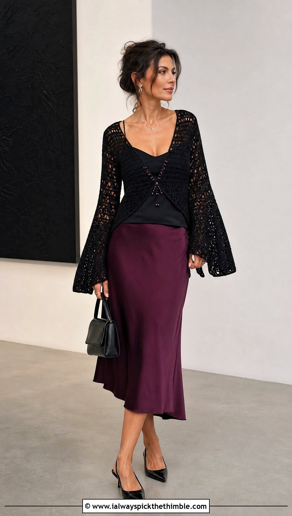 Black Bell Sleeve Crochet Shrug With Satin Skirt - 25 black crochet shrug outfit ideas