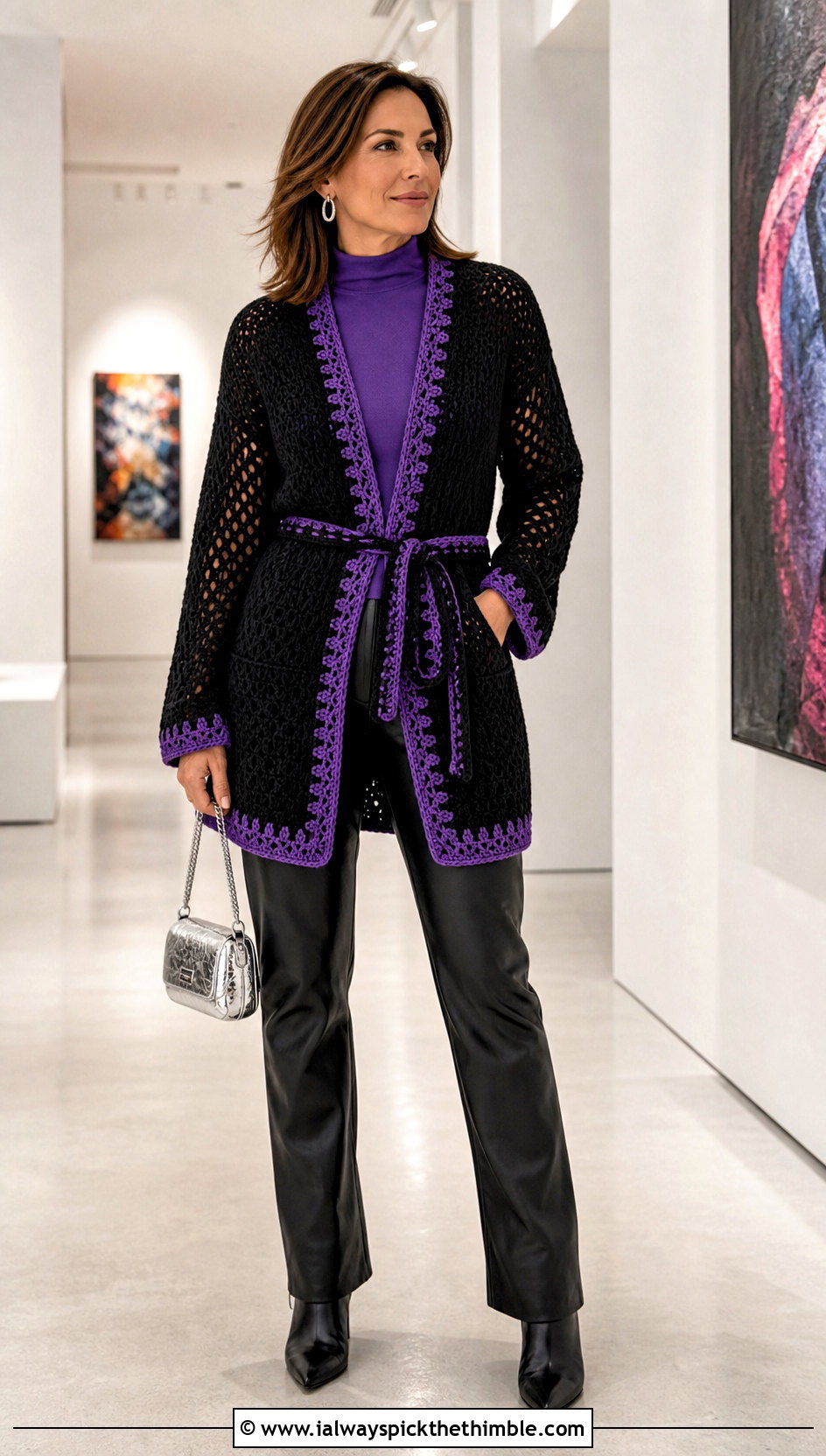 Black Belted Crochet Cardigan With Leather Pants - 25 black crochet cardigan outfit ideas