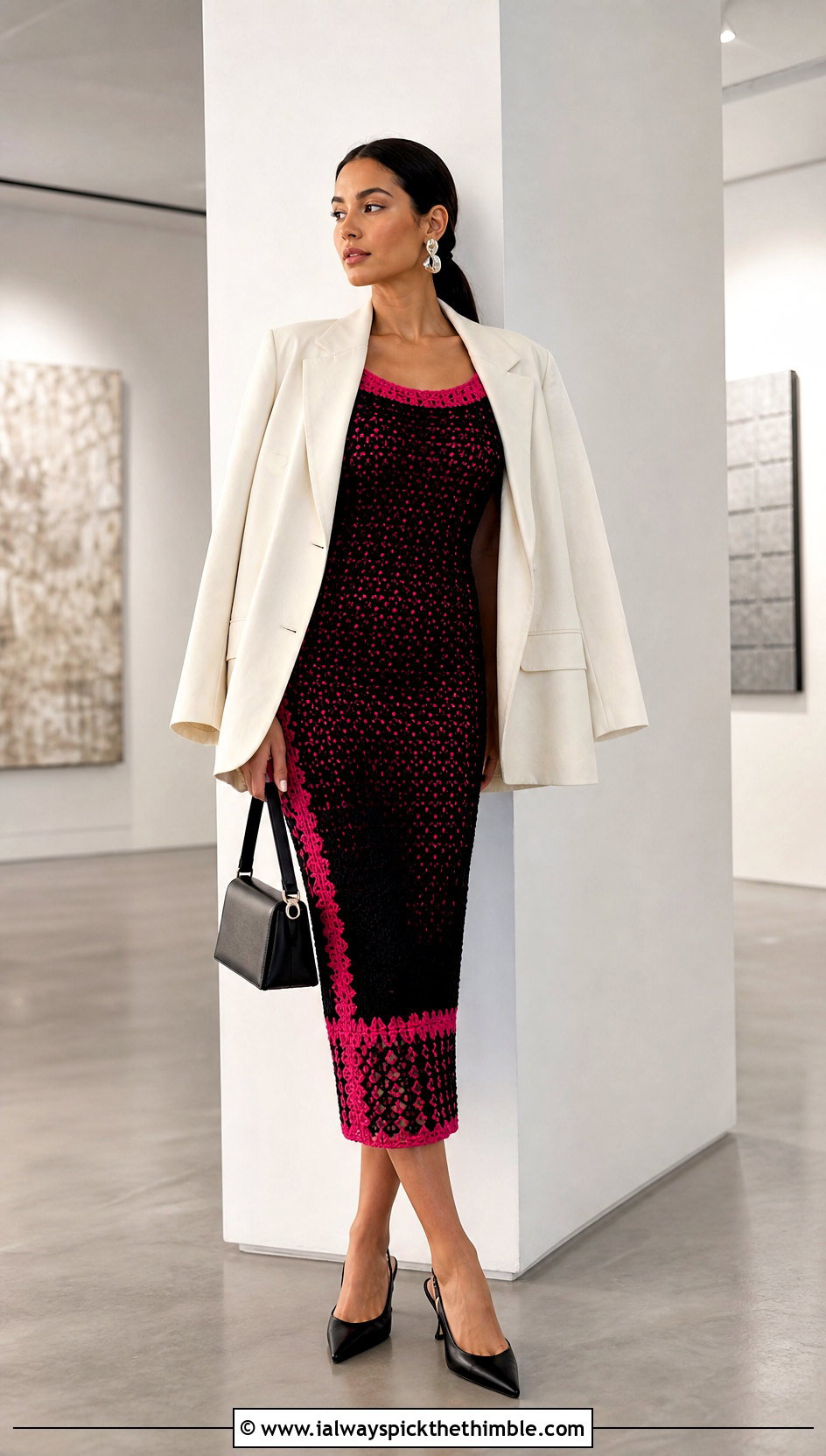 Black Bodycon Crochet Midi Dress With Oversized Blazer - 25 black crochet dress outfit ideas