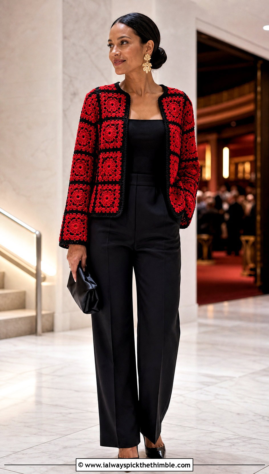 Black Border African Flower Granny Square Cardigan With Tuxedo Trousers - 20 african flower granny square cardigan outfit ideas