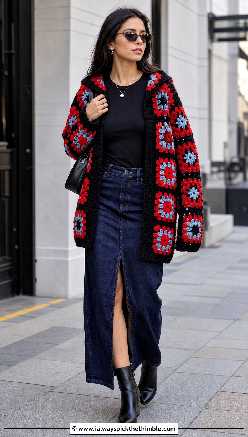 Black Border Granny Square Cardigan With Hood And Denim Maxi Skirt - 20 granny square cardigan with hood outfit ideas