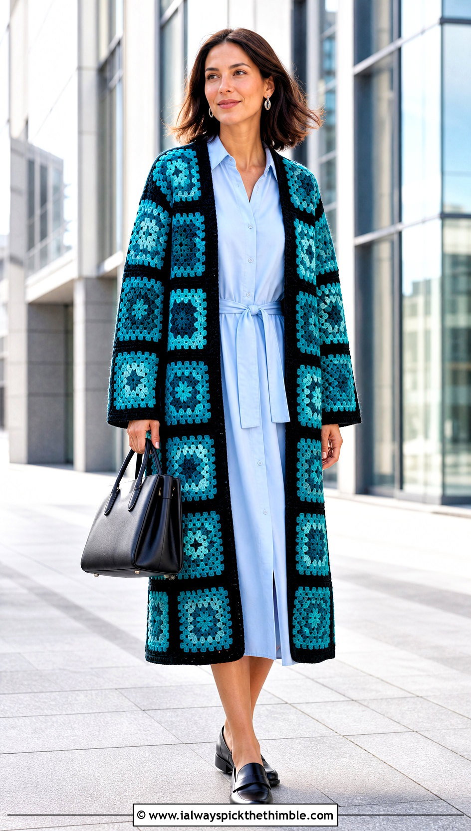 Black Border Granny Square Duster With Shirt Dress - 25 granny square duster outfit ideas
