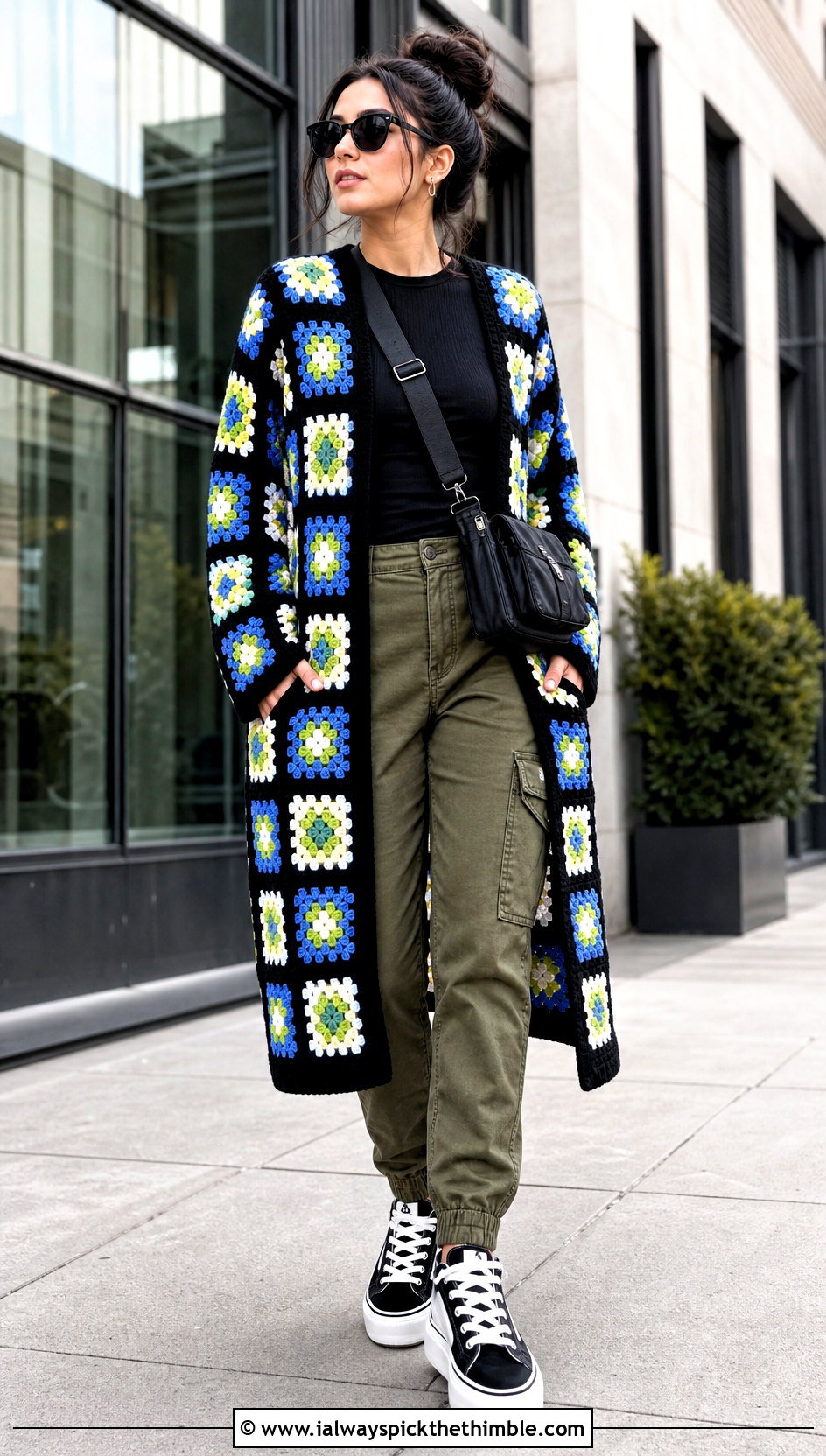 Black Border Granny Square Long Cardigan With Cargo Pants - 20 granny square long cardigan outfit ideas