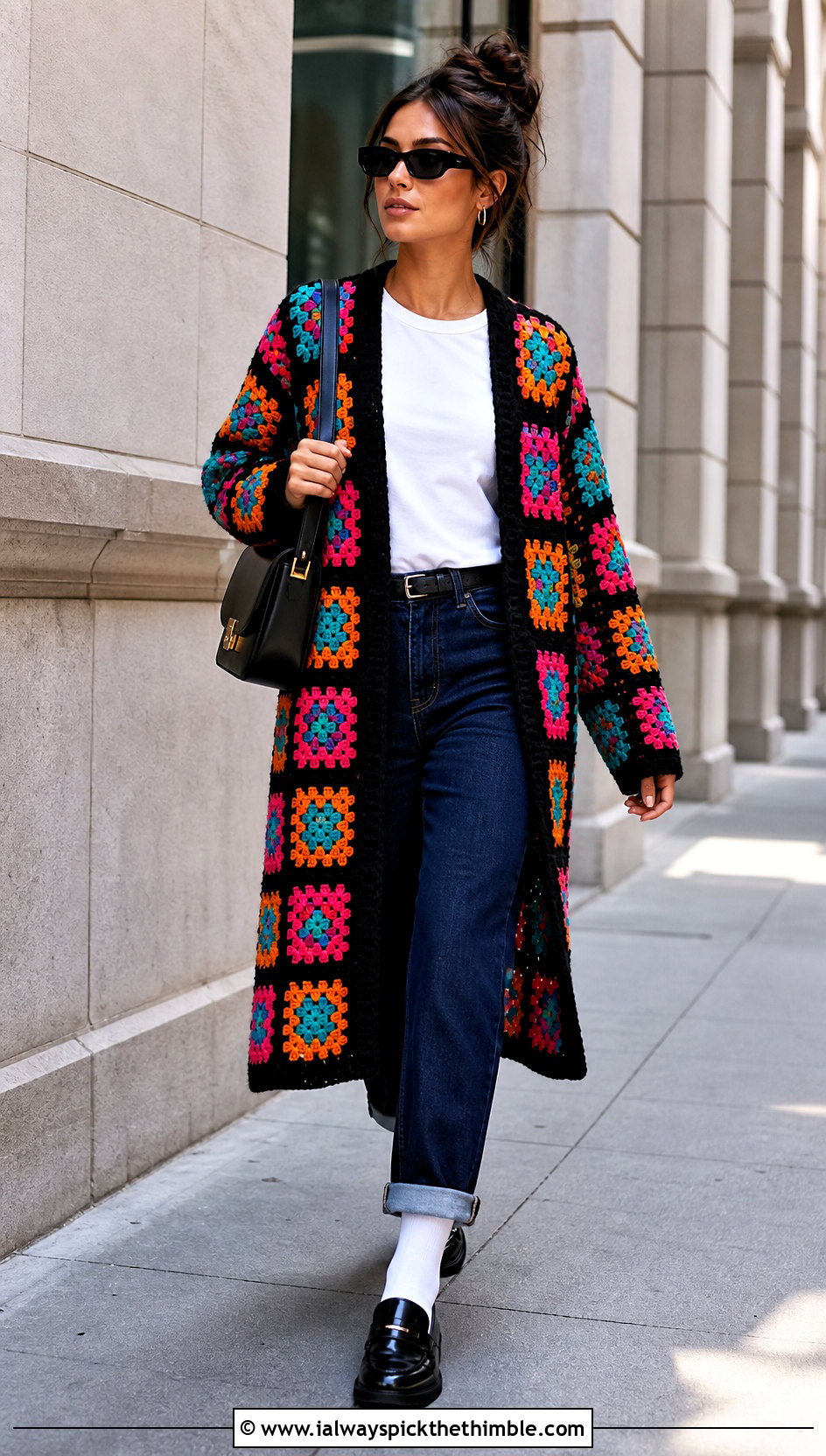 Black Border Granny Square Long Cardigan With Cuffed Jeans - 25 long granny square cardigan outfit ideas