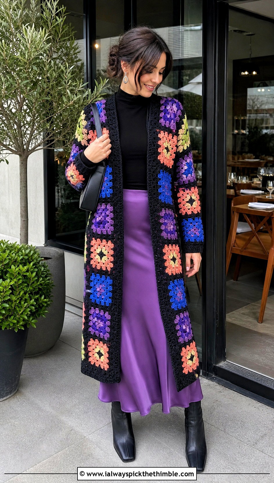 Black Border Granny Square Long Cardigan With Slip Skirt - 20 crochet granny square long cardigan outfit ideas