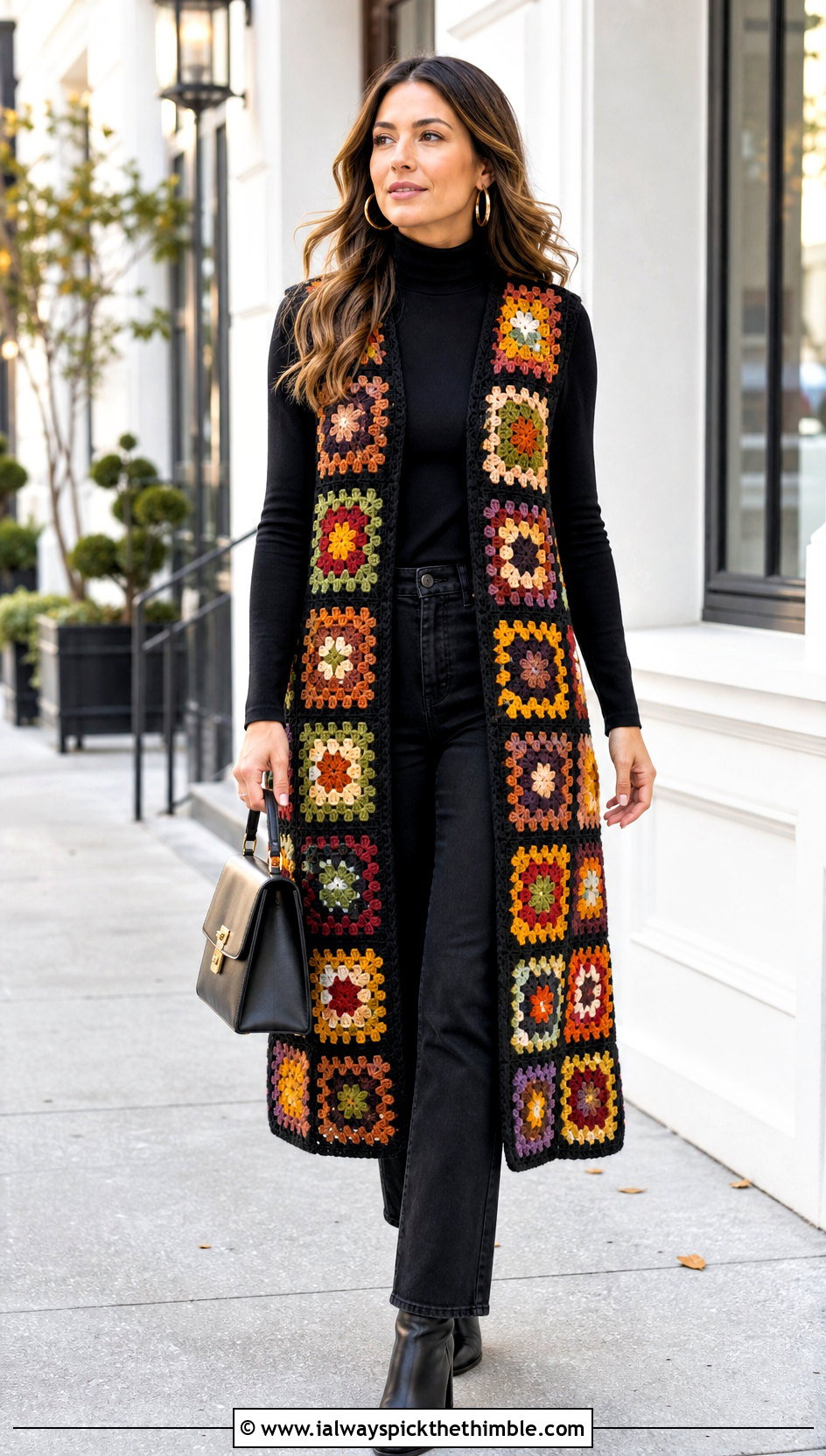 Black Border Granny Square Long Vest With Turtleneck And Black Jeans - 20 Granny Square Long Vest outfit ideas