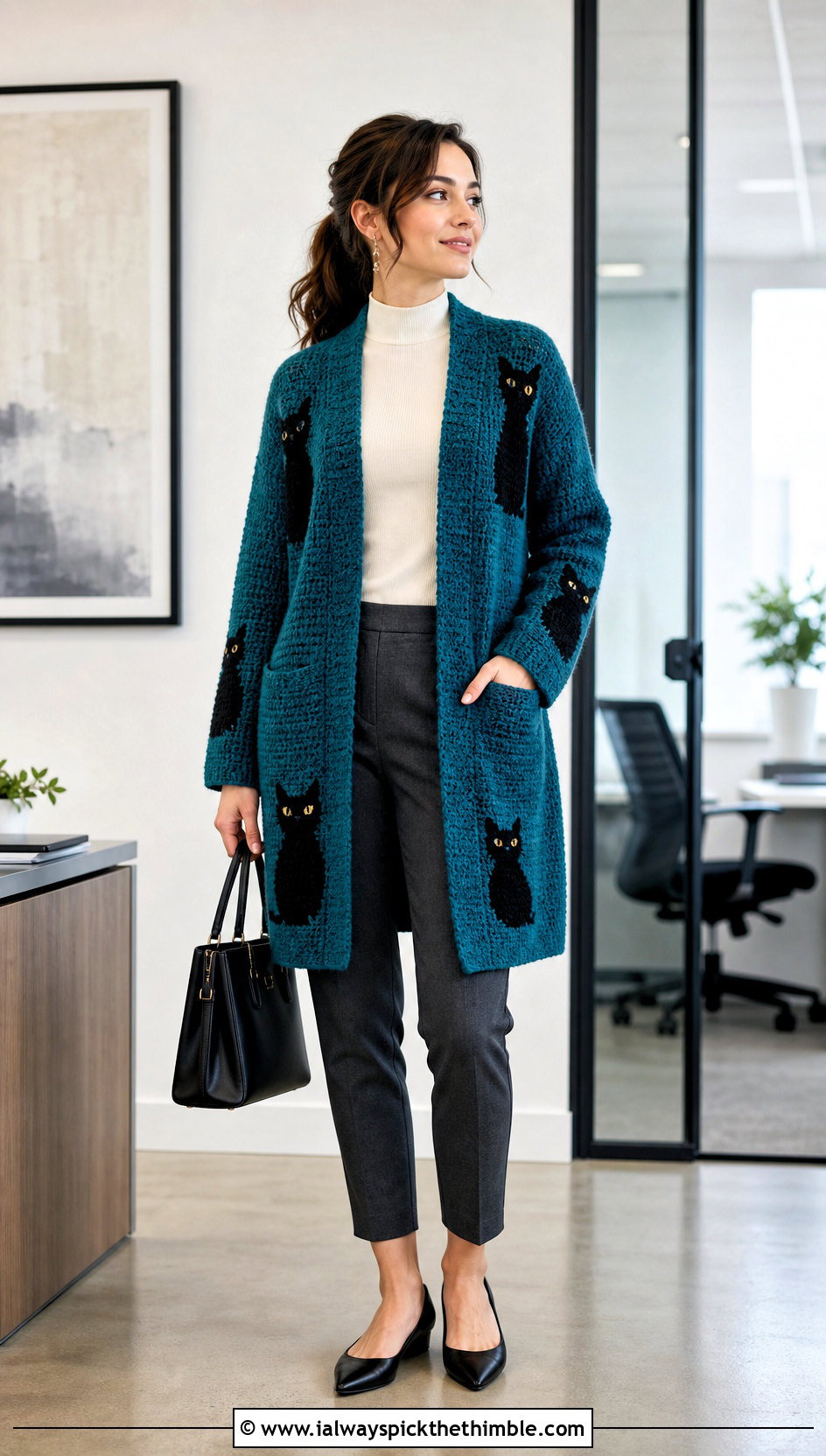 Black Cat Crochet Cardigan With Tailored Ankle Pants - 20 Crochet Halloween Clothing and outfit ideas