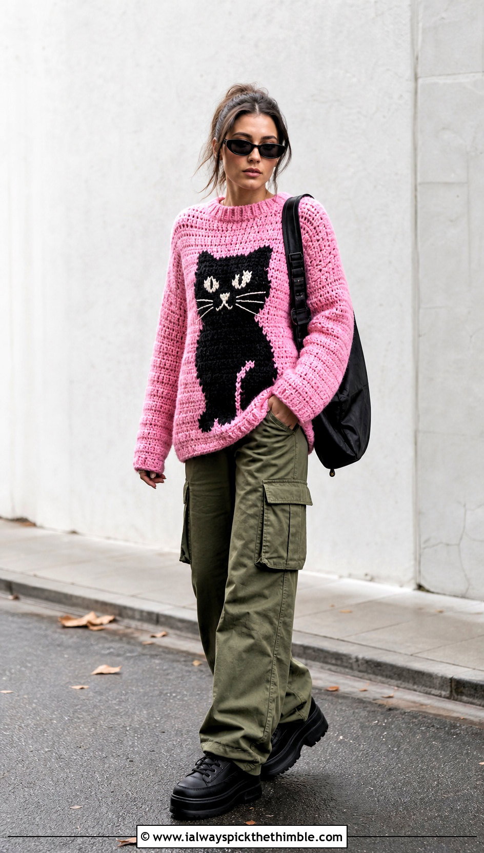 Black Cat Crochet Pullover With Cargo Pants - 25 halloween crochet clothes and outfit ideas